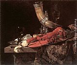Willem Kalf Canvas Paintings - Still Life with Drinking-Horn, Lobster and Glasses
